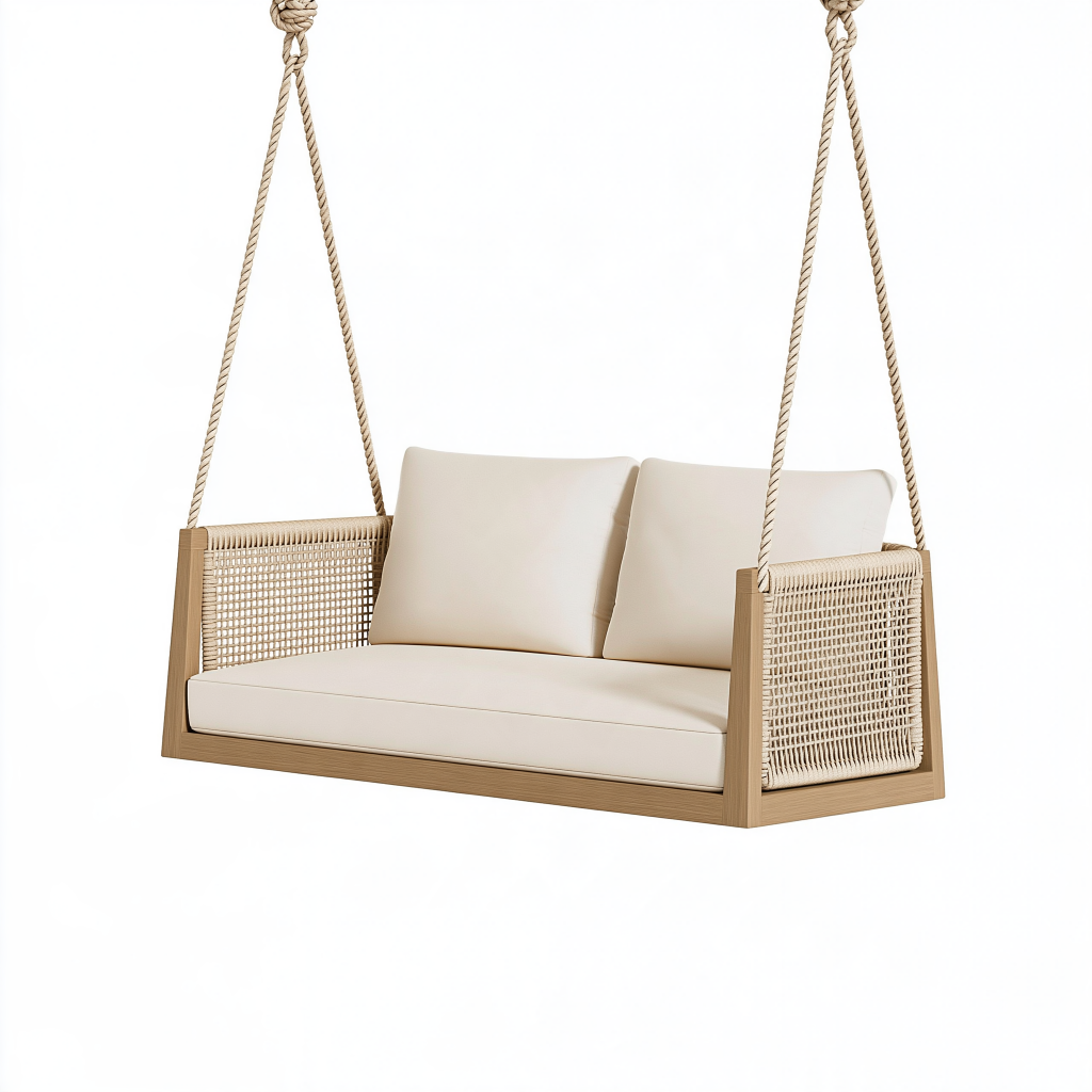 Canapé balançoire suspendu 140 cm en bois naturel et corde tressée beige style bohème