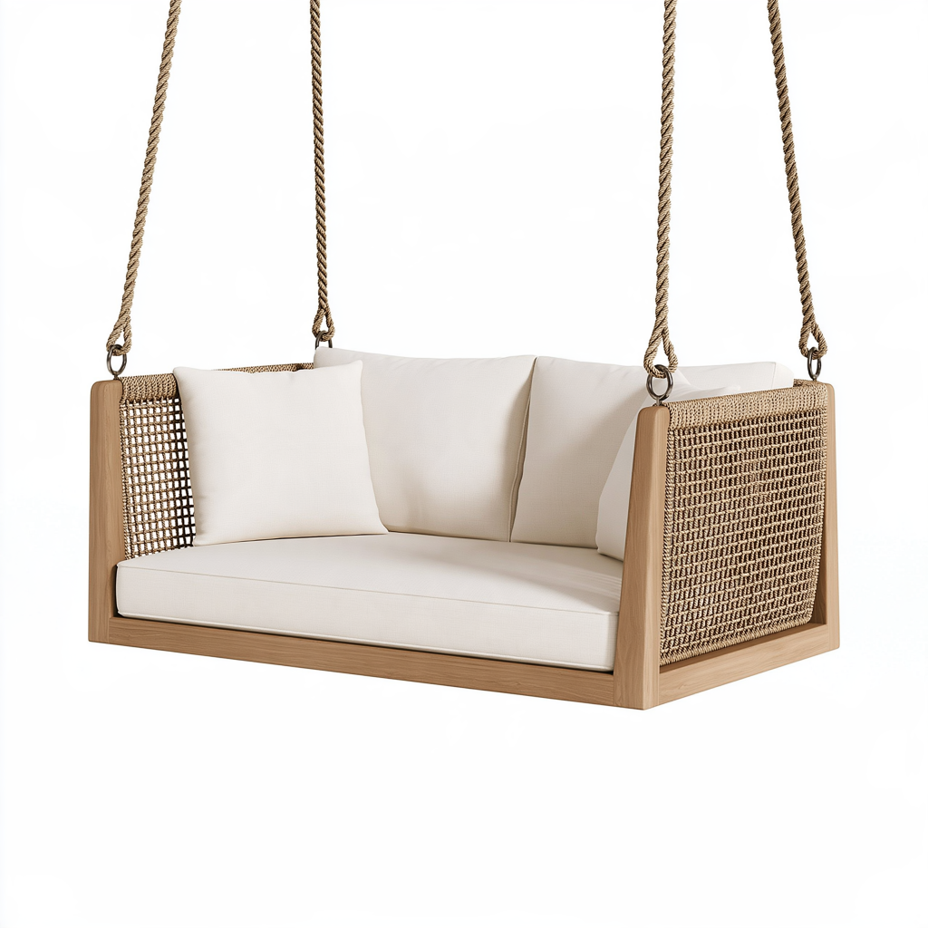 Balancelle suspendue 150 x 75 x 65 cm en bois et corde beige pour extérieur style bohème
