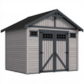 Abri de jardin 300 x 240 x 250 cm en résine gris clair anthracite avec double porte et toit incliné