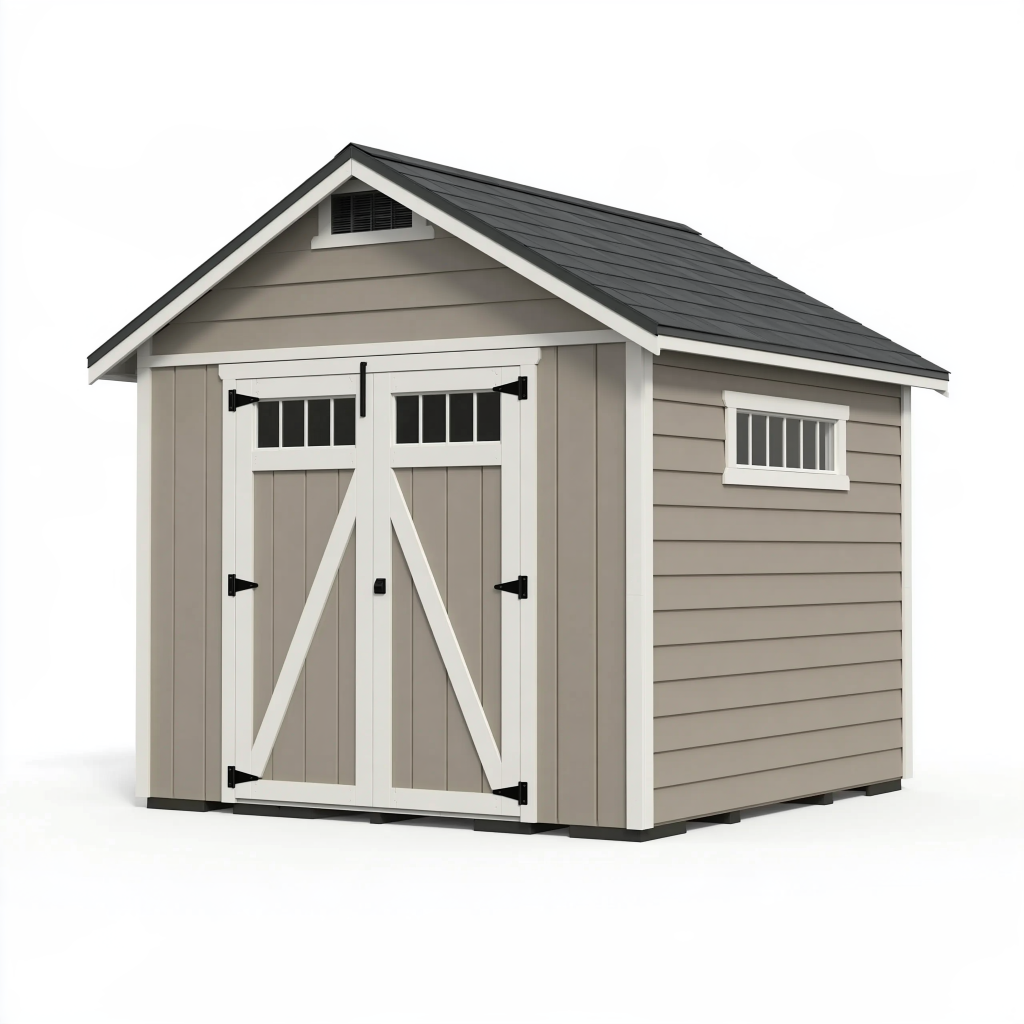 Abri de jardin 244 x 183 x 244 cm en bois gris et blanc avec double porte style grange