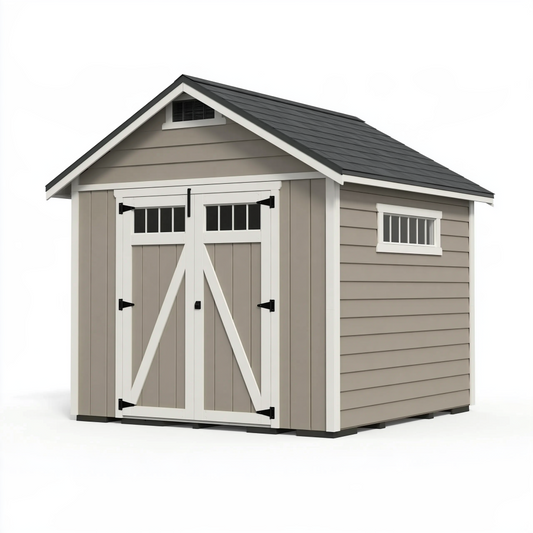 Abri de jardin 244 x 183 x 244 cm en bois gris et blanc avec double porte style grange