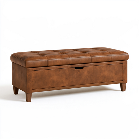 Banc coffre 120 x 45 x 48 cm en revêtement synthétique aspect cuir marron - Assise capitonnée de rangement