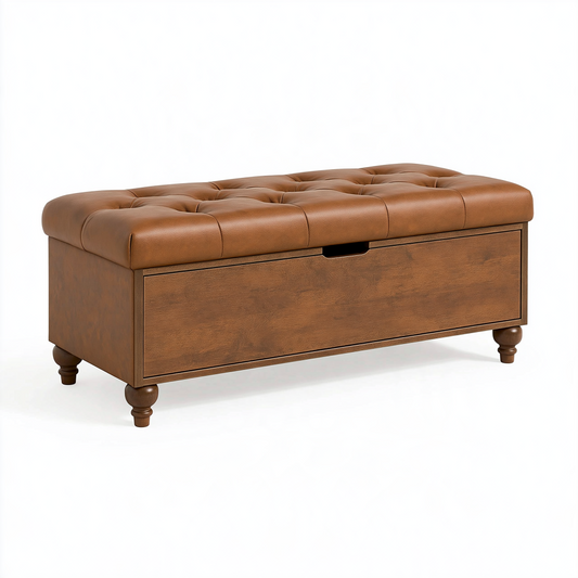 Banc coffre 120 x 45 x 50 cm en bois brun avec assise capitonnée aspect cuir
