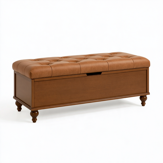 Banc coffre de rangement 120 x 45 x 52 cm en bois marron avec assise capitonnée style classique