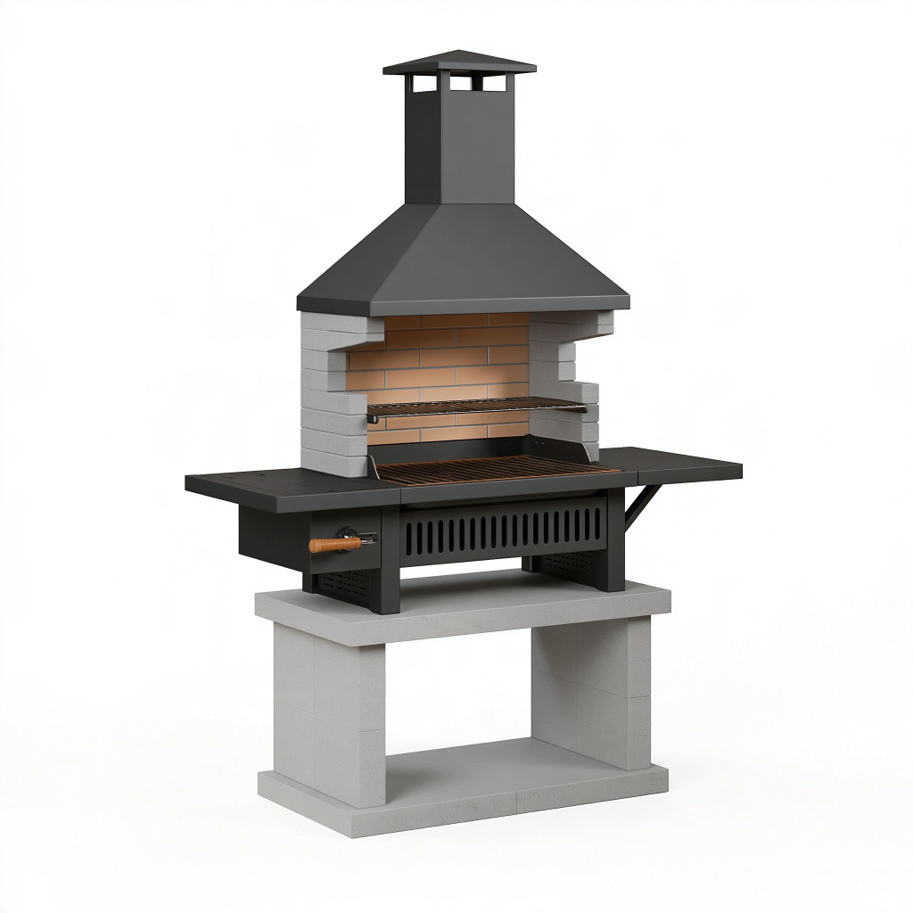 Barbecue de jardin 160 x 80 x 220 cm en acier noir et béton avec hotte