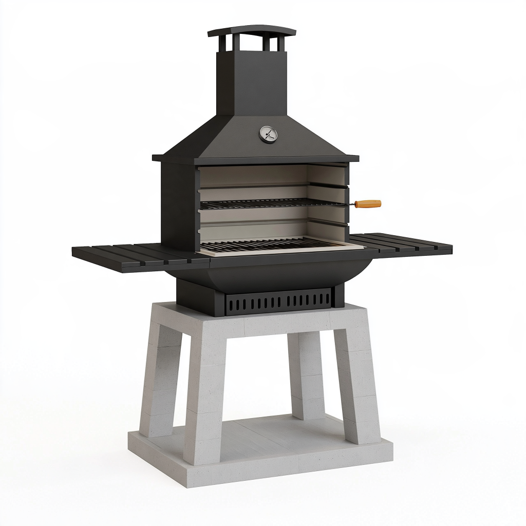 Barbecue de jardin 120 x 70 x 190 cm en acier noir style cheminée avec grilles réglables