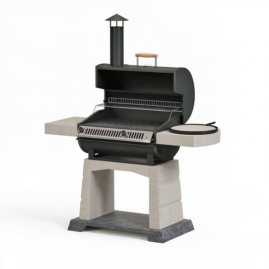 Barbecue fumoir 150 x 70 x 190 cm en acier noir et béton pour extérieur