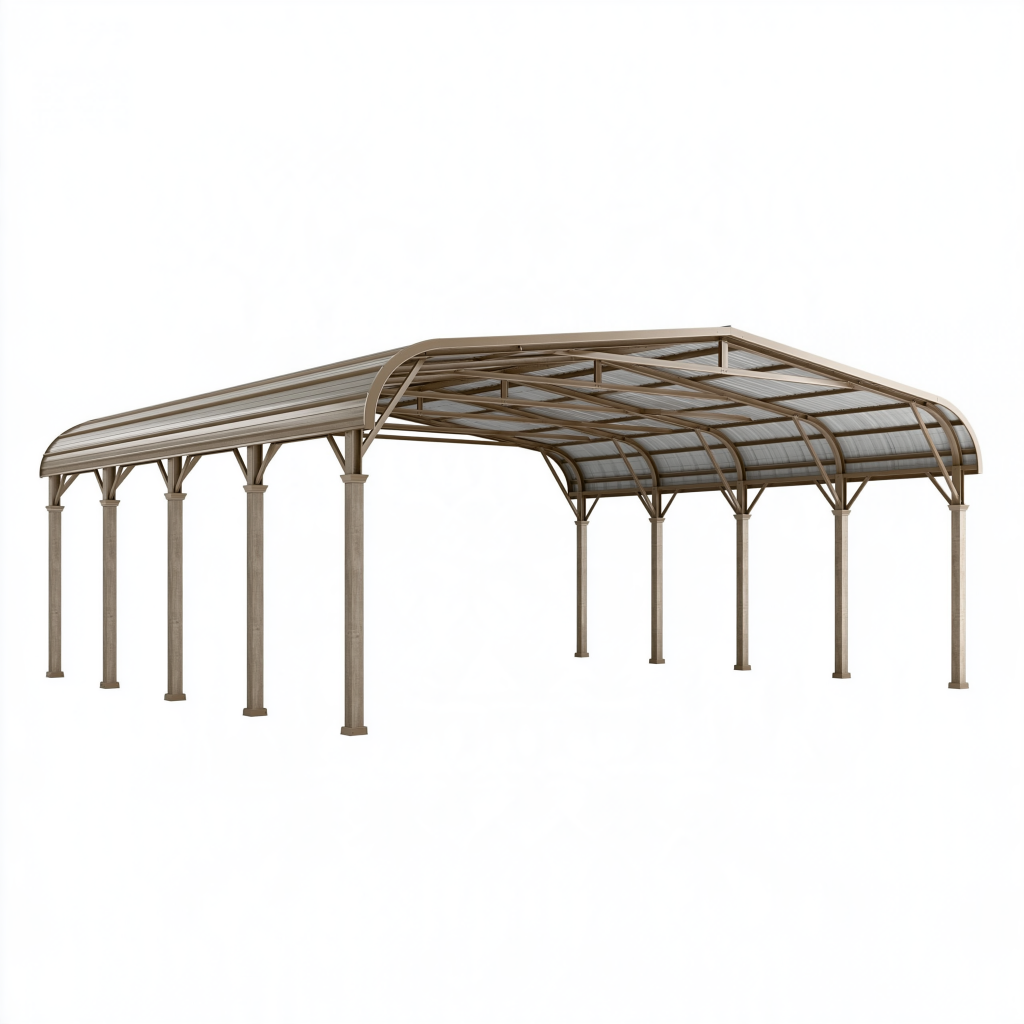 Abri voiture double 600 x 600 x 280 cm en acier brun avec toit en polycarbonate