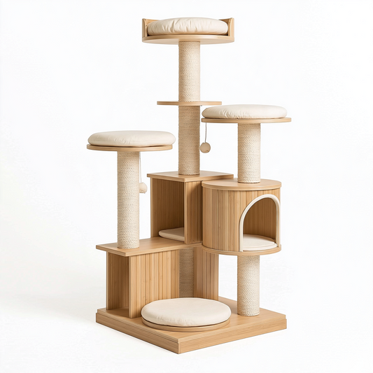 Arbre à chat 70 x 60 x 160 cm en bambou beige avec poteaux en sisal et plateformes rembourrées