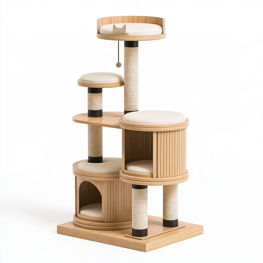 Arbre à chat 60 x 50 x 150 cm en bois beige avec griffoirs et niches