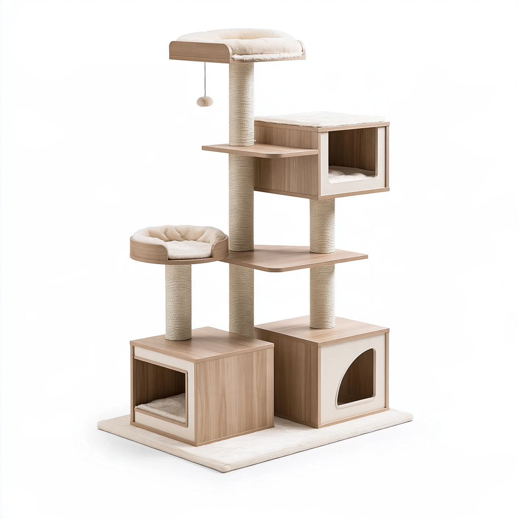 Arbre à chat 60 x 60 x 170 cm en bois beige avec poteaux en sisal et niches
