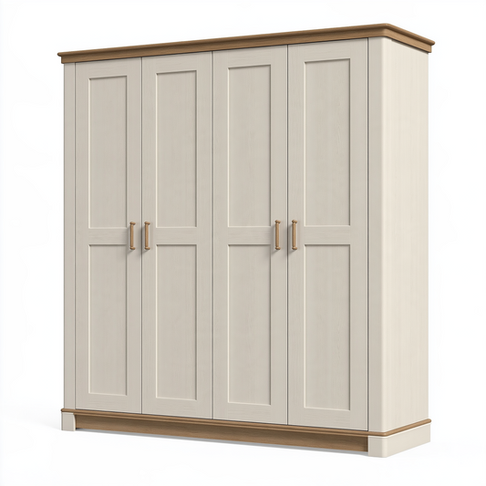 Armoire 4 portes 200 x 60 x 220 cm en panneaux de bois blanc cassé et bois naturel style classique rangement