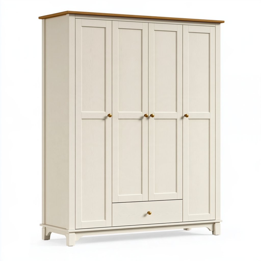 Armoire de rangement 180 x 60 x 200 cm en bois beige et marron style classique avec 4 portes et tiroir