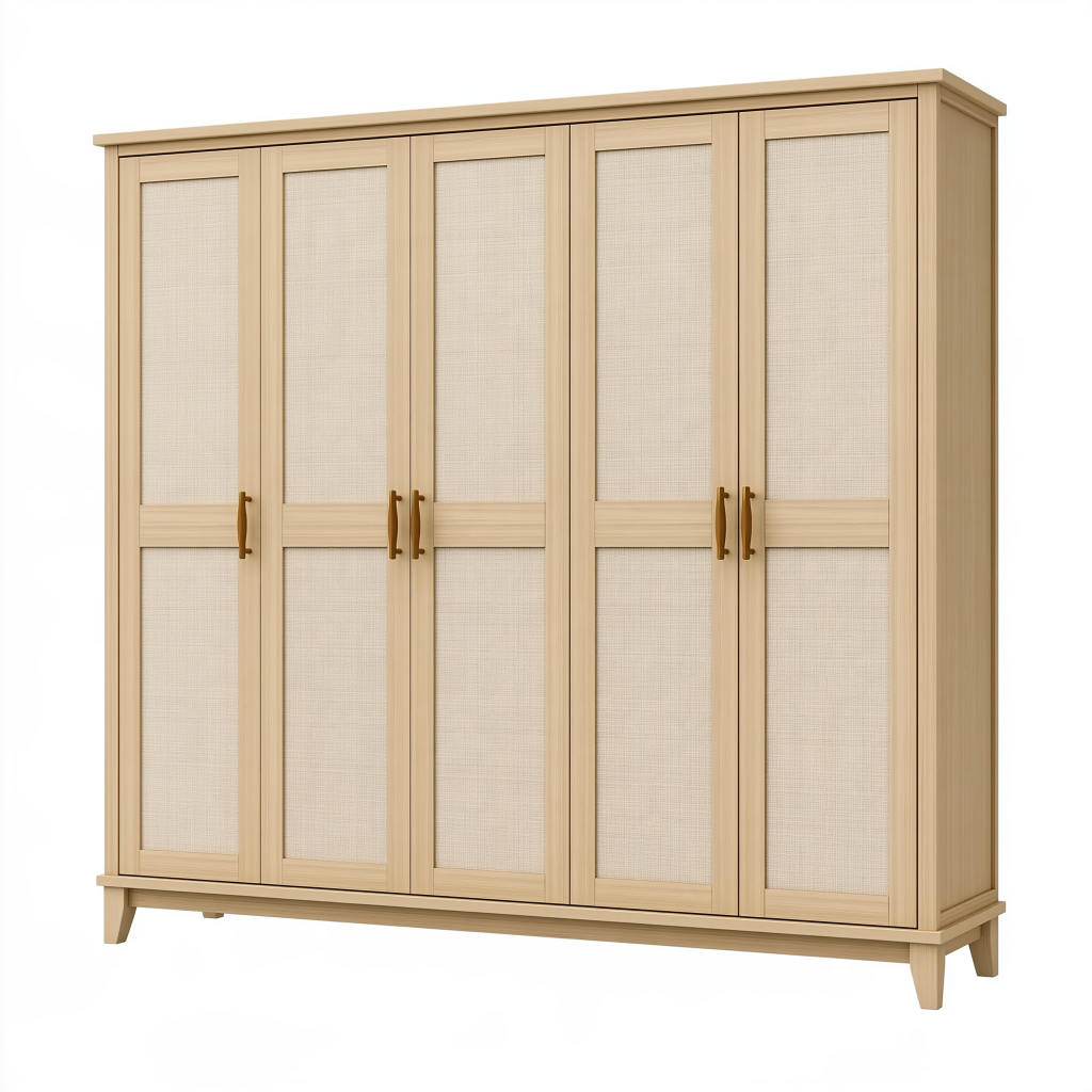 Armoire 6 portes 240 cm beige effet bois avec panneaux cannés style naturel rangement chambre