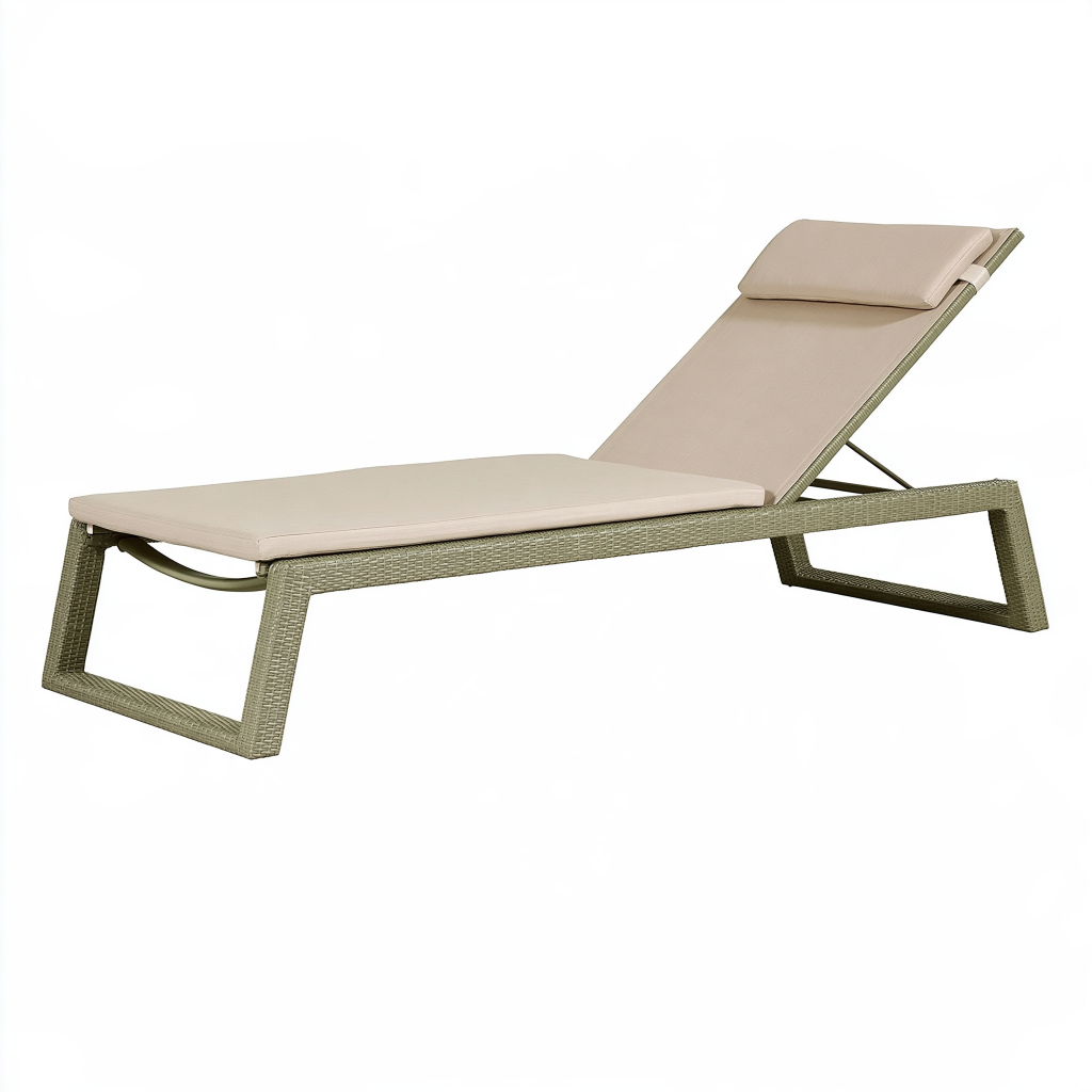 Chaise longue de jardin 200 cm en résine tressée beige avec dossier réglable