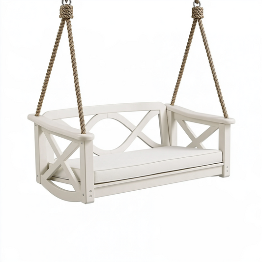 Balancelle suspendue 120 x 65 x 55 cm en bois blanc avec cordes style cottage