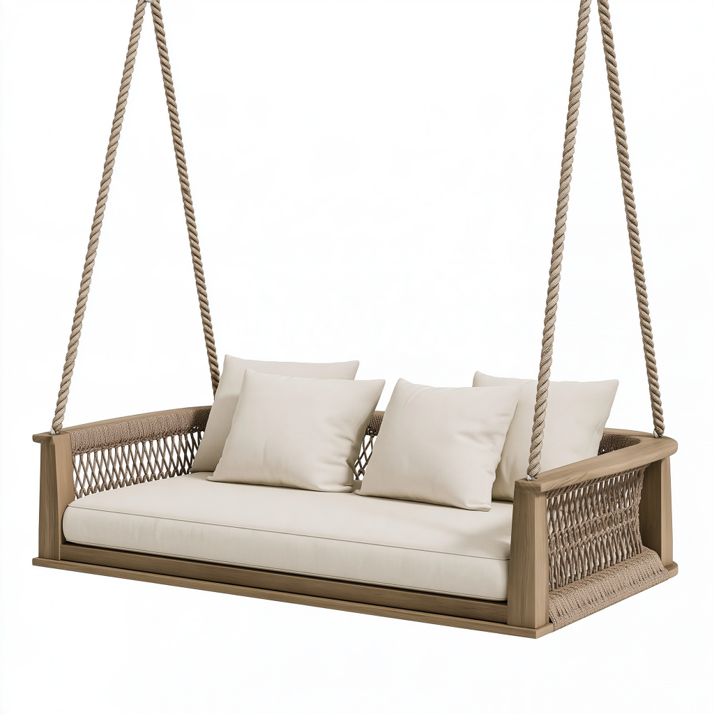 Balancelle suspendue 180 x 75 x 60 cm en bois et corde beige style bohème pour extérieur