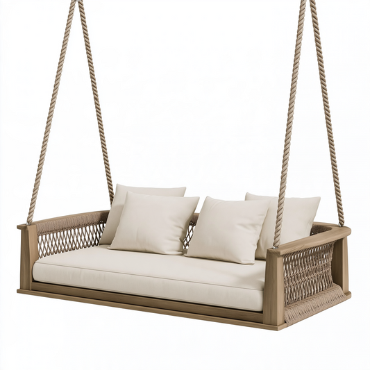 Balancelle suspendue 180 x 75 x 60 cm en bois et corde beige style bohème pour extérieur