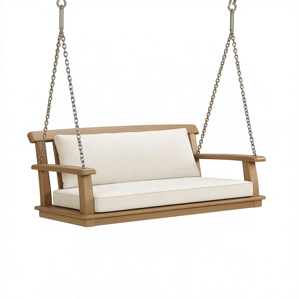 Balancelle de jardin 150 cm en bois beige avec chaînes métalliques style contemporain