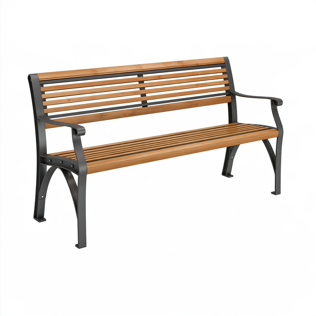 Banc de jardin 150 cm en bois et métal marron noir avec accoudoirs style contemporain