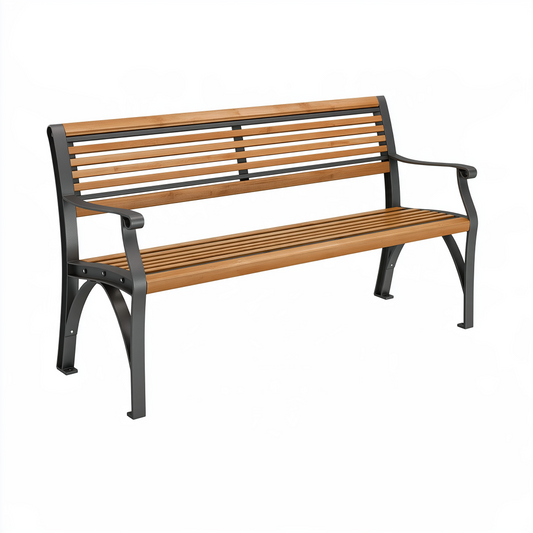 Banc de jardin 150 cm en bois et métal marron noir avec accoudoirs style contemporain